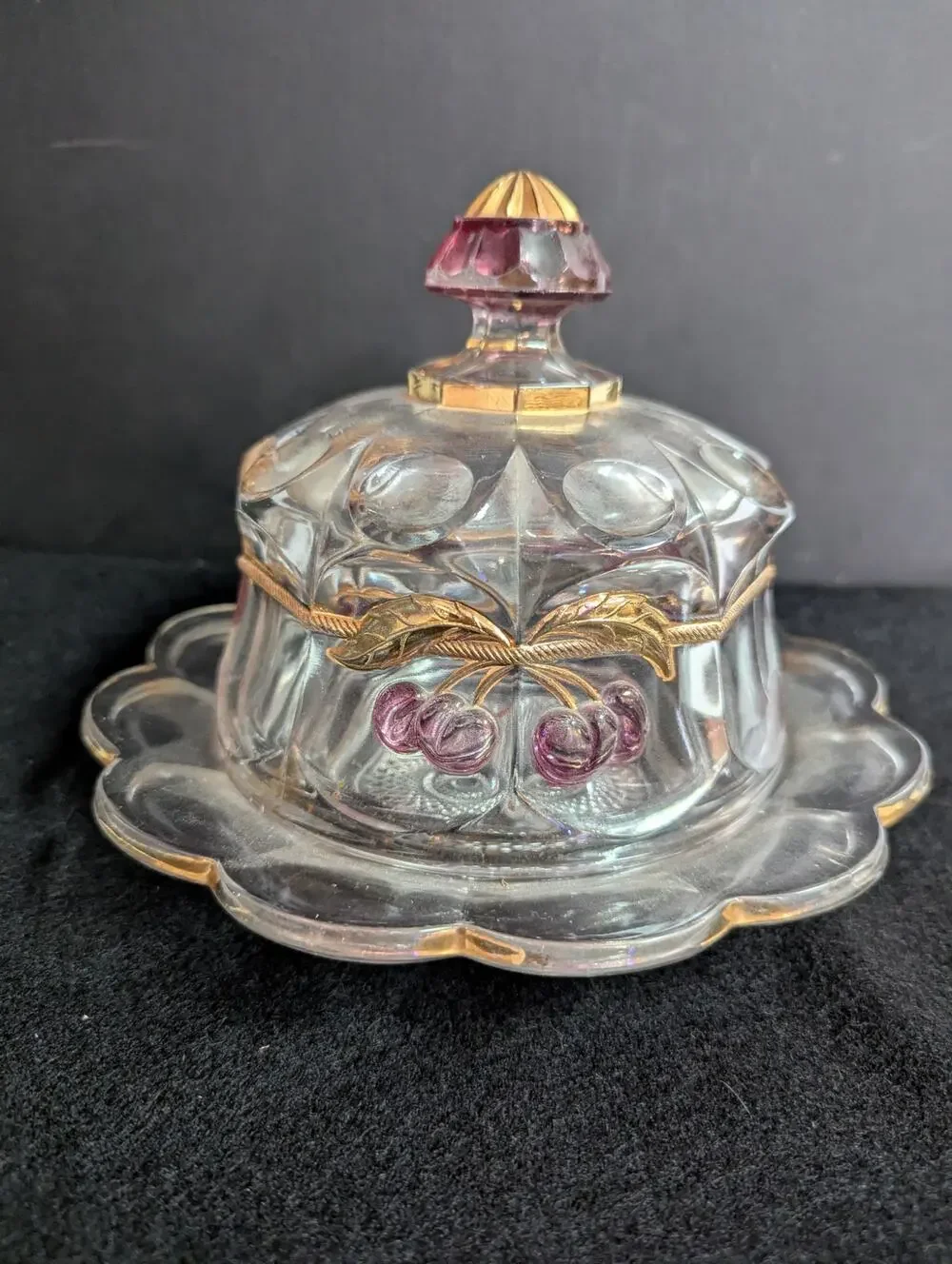 Mosser Northwood Cherry Cable Cover Glass Butter Dish gold red clear 2pc.  round